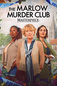 The Marlow Murder Club on Masterpiece logo above three actresses from the show. Significant locations in the background -- all framed by police tape and flowers.