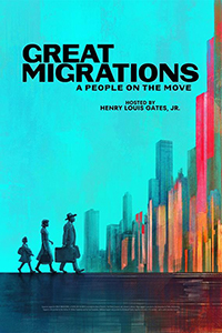 Great Migrations: A People on the Move title with a water color painting of a family of three walking into a big city.