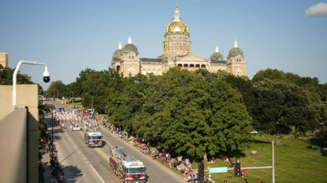 Aerial shot of the 2024 Iowa State Fair Parade with the Capitol Building in the background.