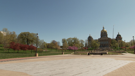 A large map of Iowa set into the concrete at the capitol complex in Des Moines, Iowa