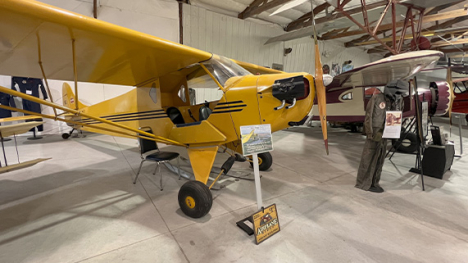 A yellow, lightweight, fixed wing, single engine plane with the propeller mounted in the front.