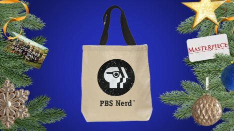 PBS Nerd bag surrounded by evergreens and Christmas tree ornaments