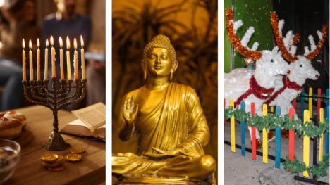 A menorah on a table, Goutama Buddha statue and Christmas decor featuring reindeer