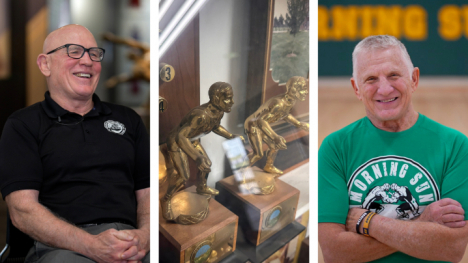 Announcers Jim Miller (left) and Tim Johnson (right) with wrestling trophies in the middle