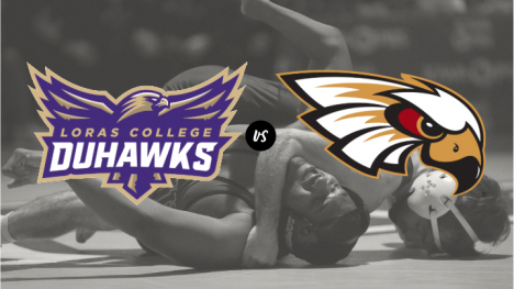 black and white wrestling photo with the Loras College and Coe College school logos