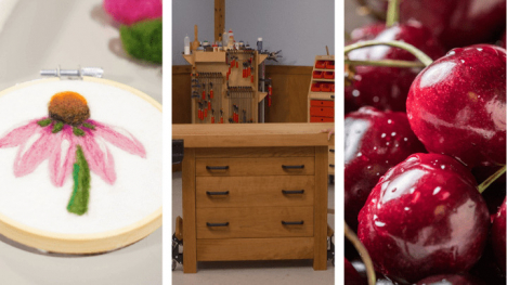 felting artwork, Woodsmith Shop nightstand project and a bowl of cherries