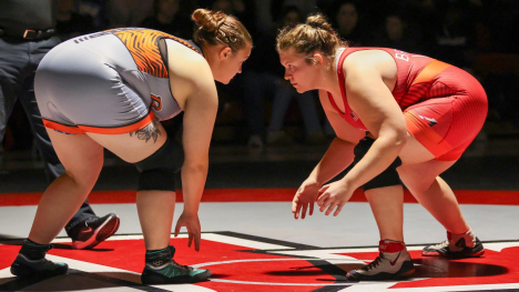 Grand View wrestler Olivia Brown faces off against an opponent